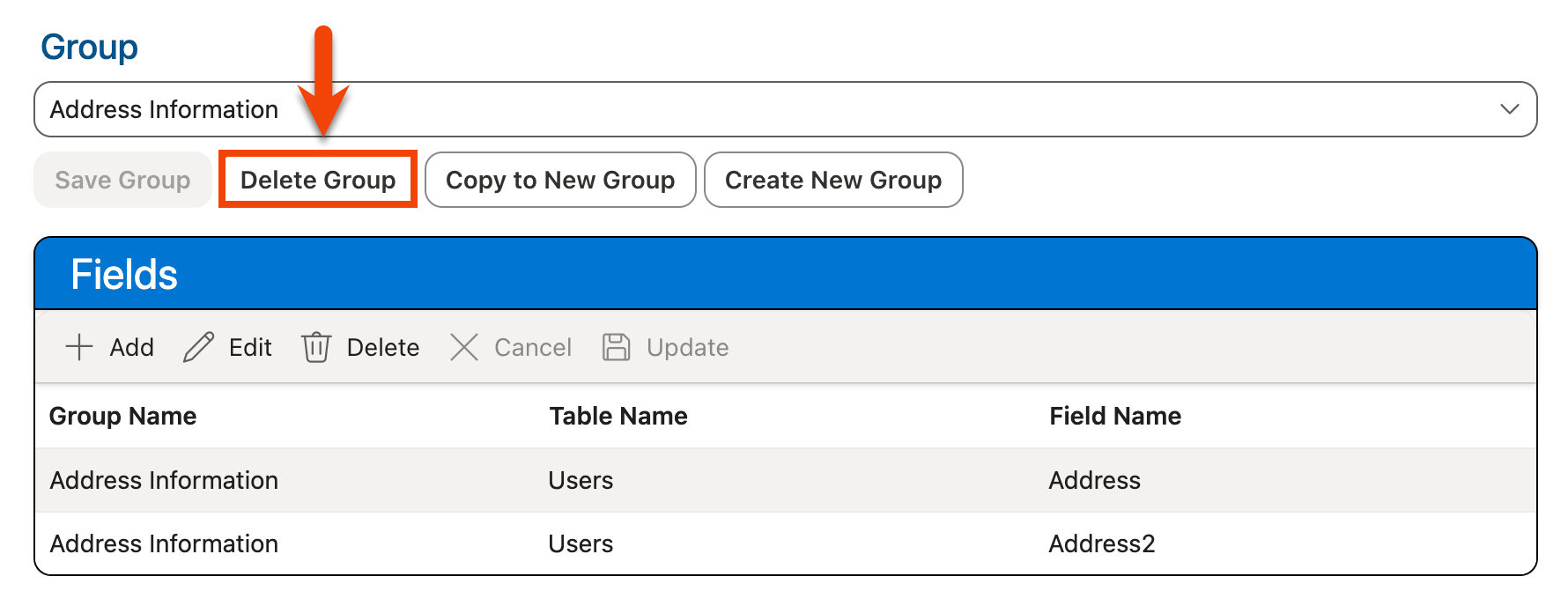Delete Group button
